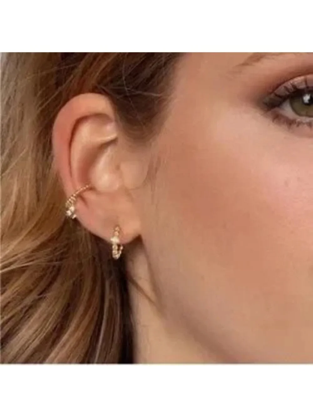 Gold 14k Gold Plated CZ Beaded Hoop Earrings
